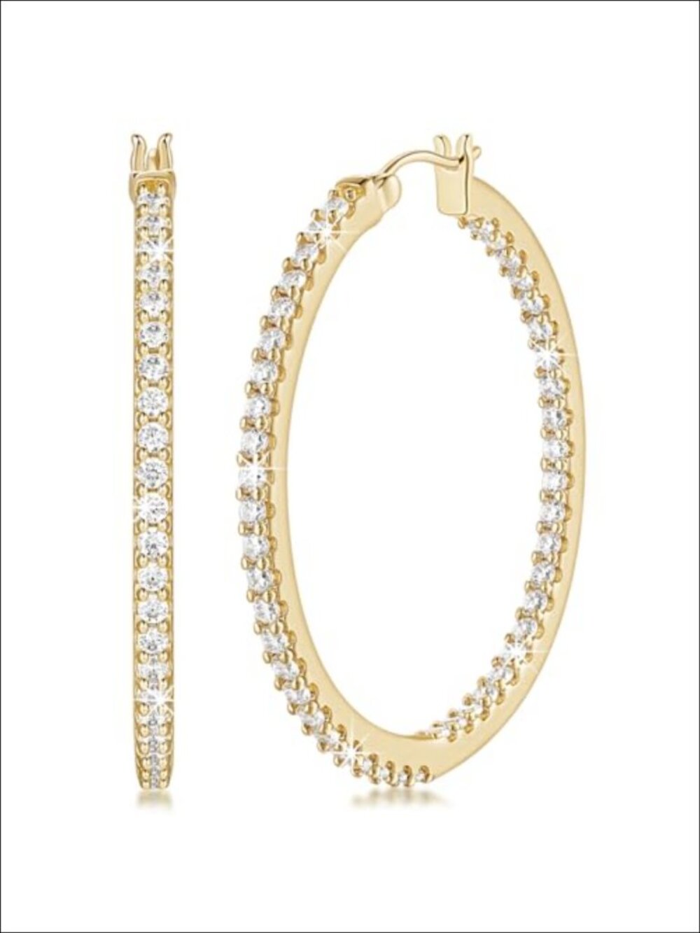 14K Gold Plated Hoop Earrings Cubic Zirconia 42mm Latch Back
